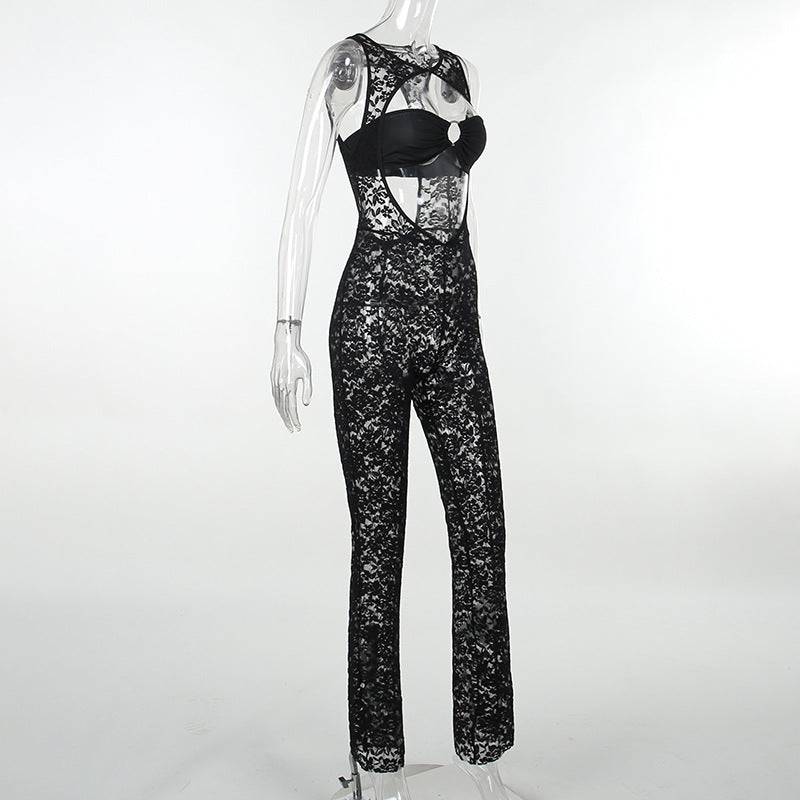 Jumpsuit transparente con estampado hueco de encaje sexy