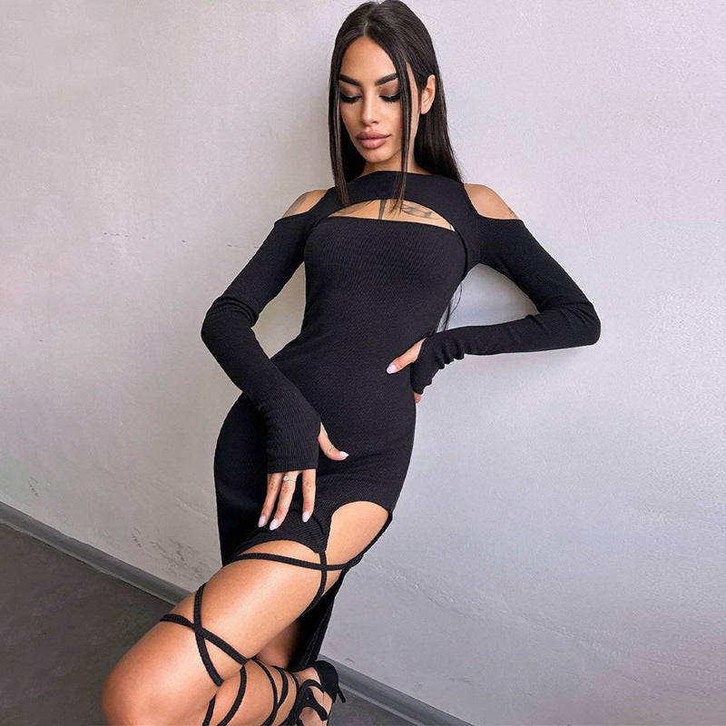 Vestido sexy liso de manga larga con abertura