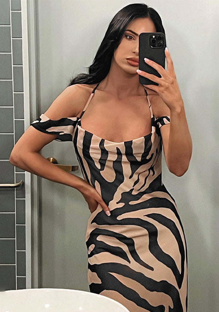 Fashion Printed Slim Dress Autumn Women's Off Shoulder Low Back Strap Dress