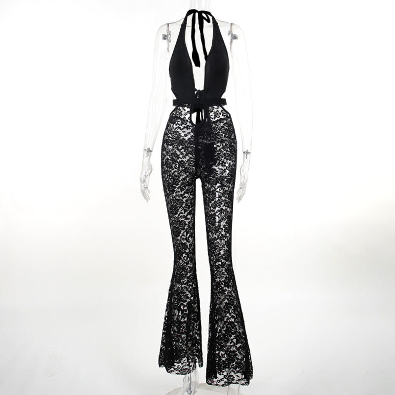 Jumpsuit sexy con corte de acampanado de encaje transparente con escote halter