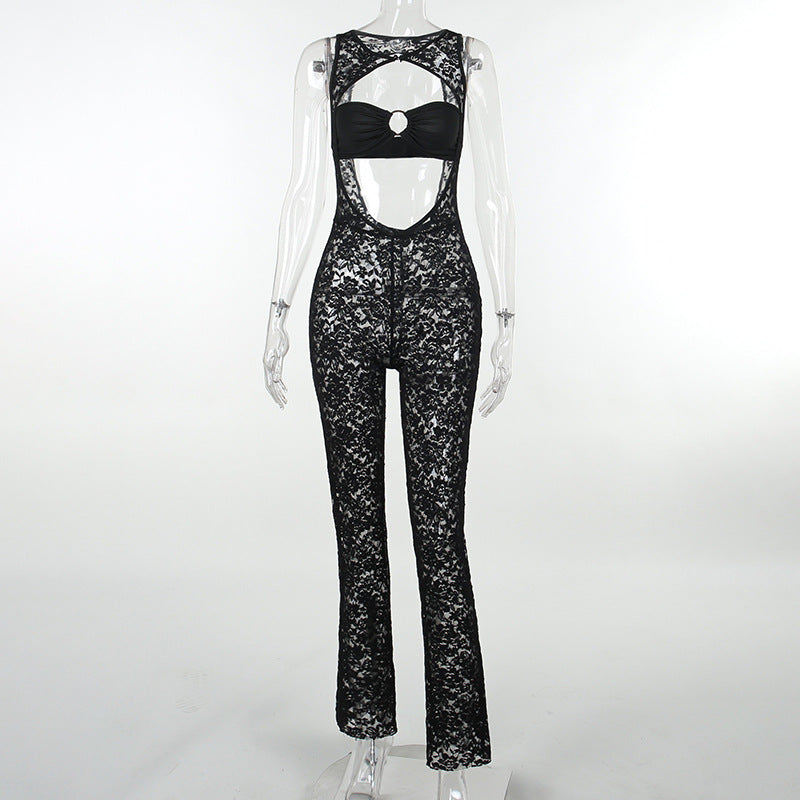 Jumpsuit transparente con estampado hueco de encaje sexy