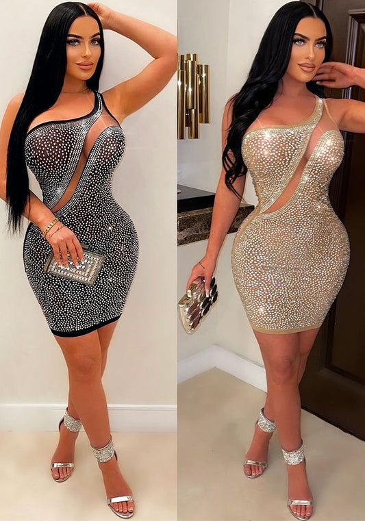 Women's sexy mesh beaded see-through nightclub dress