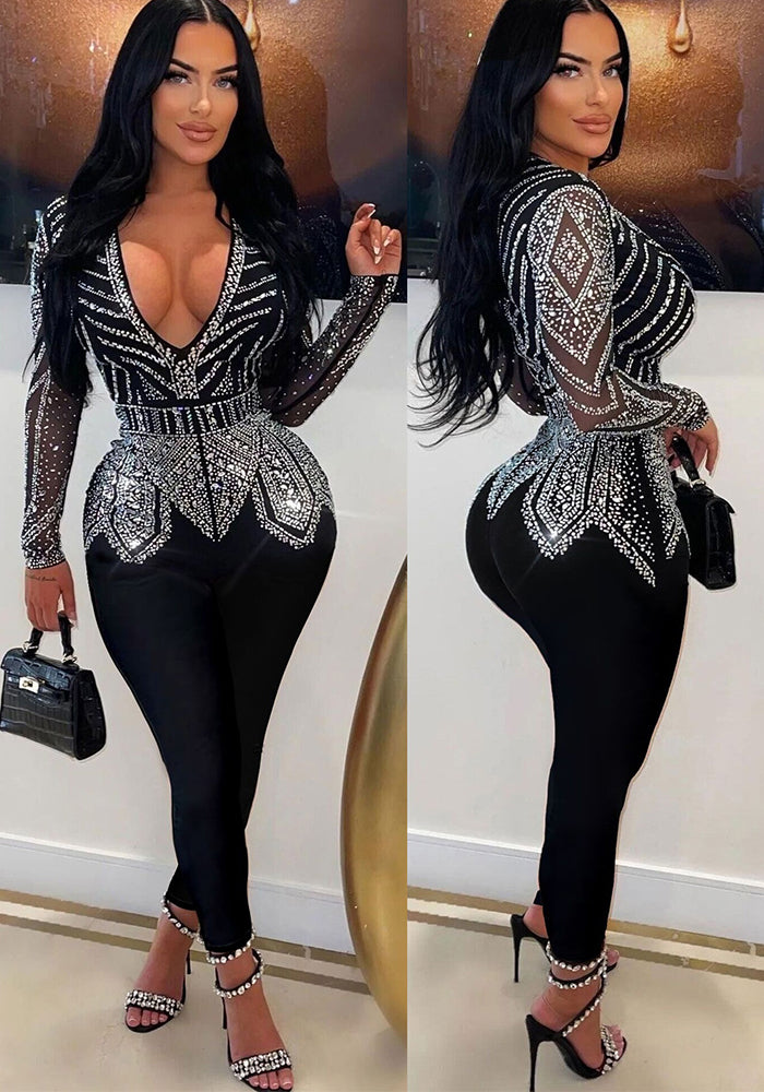 Women Sexy Beaded V-Neck Stretch Jumpsuit