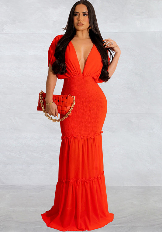 Women Solid Pleated V-Neck Sleeveless Maxi Dress