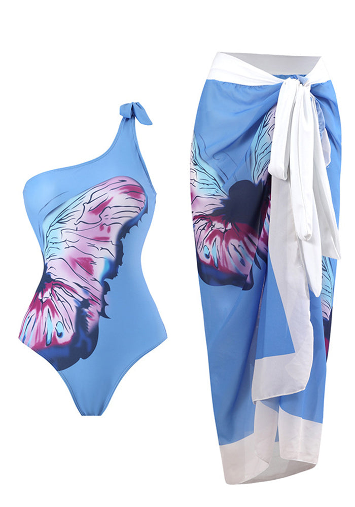 One-Piece Swimsuit With Skirt Two-Piece  Butterfly Print Swimwear For Women