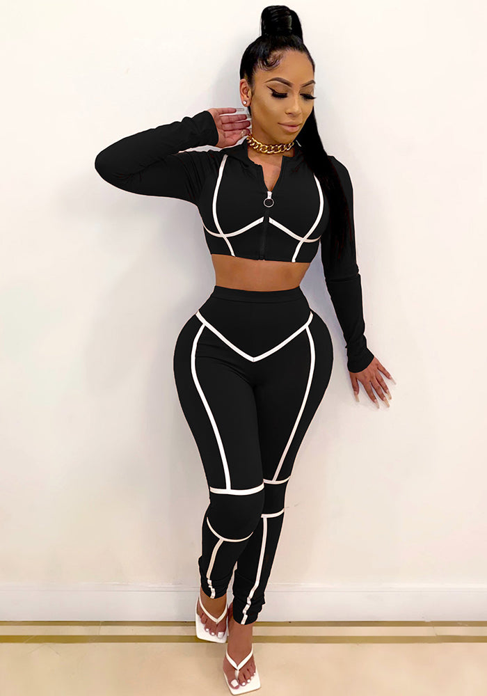 Women Sports Long Sleeve Crop Top and Pants Two-piece Set