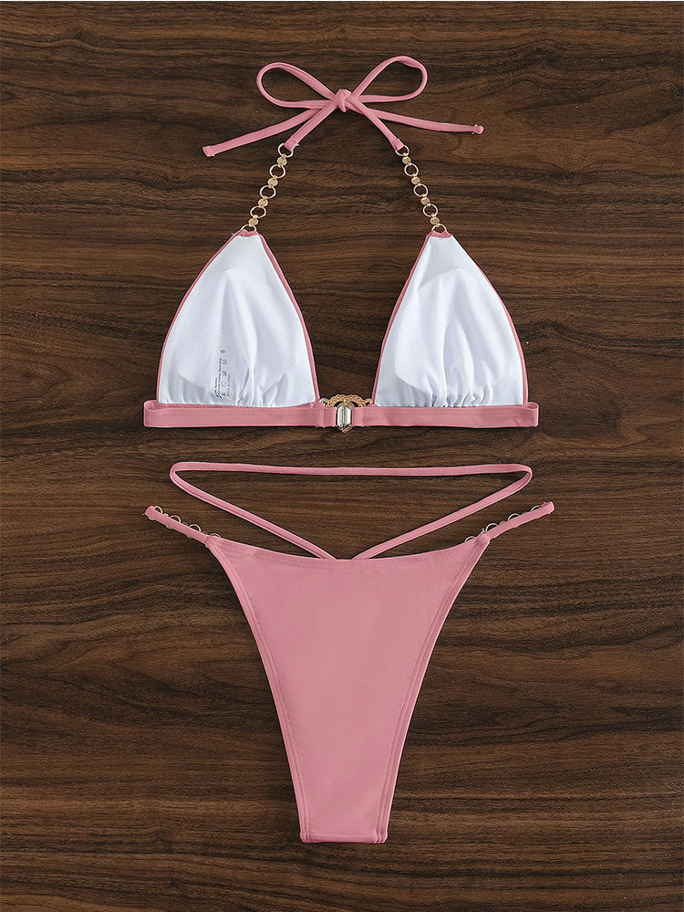 Traje de baño de bikini con cuello halter y cordones de dos piezas con cadena de cristal