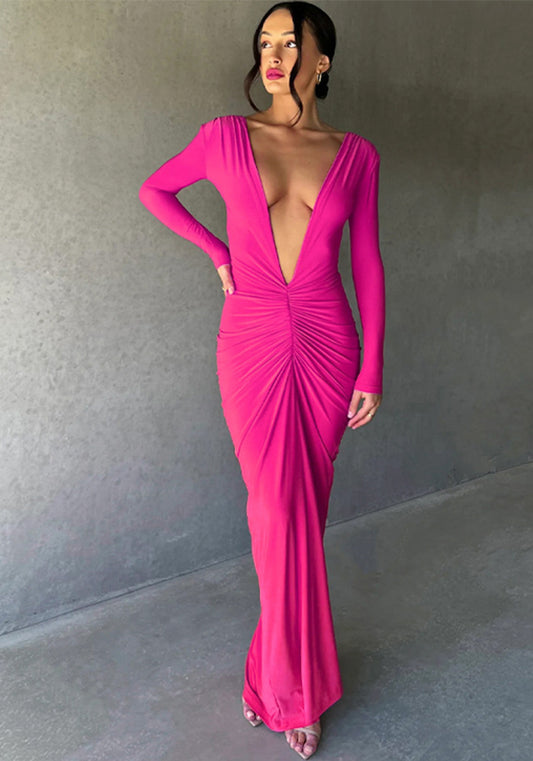 Women Sexy V Neck Pleated Solid Long Sleeve Dress