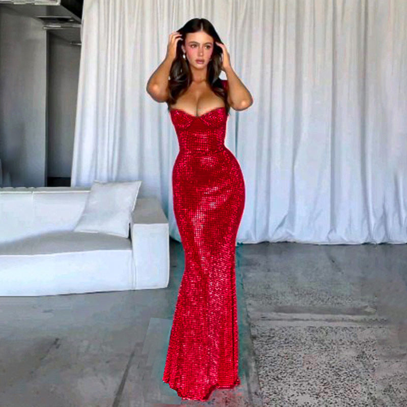 Vestido largo de sirena con tirantes rojos y lentejuelas rojas sexy