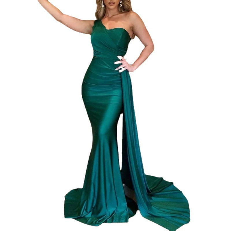 Vestido de noche de sirena de un hombro simple de satén sin tirantes