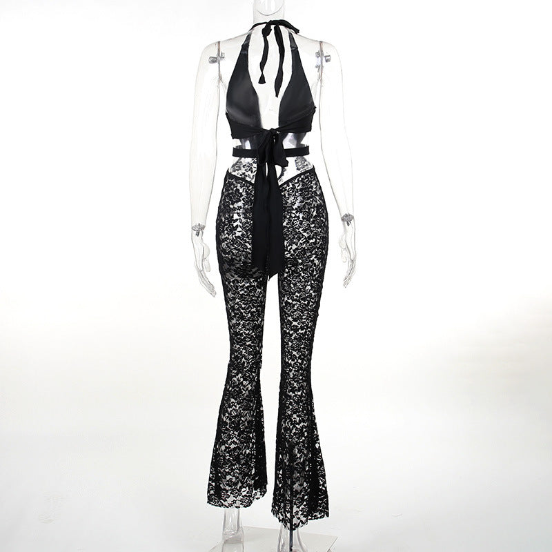 Jumpsuit sexy con corte de acampanado de encaje transparente con escote halter