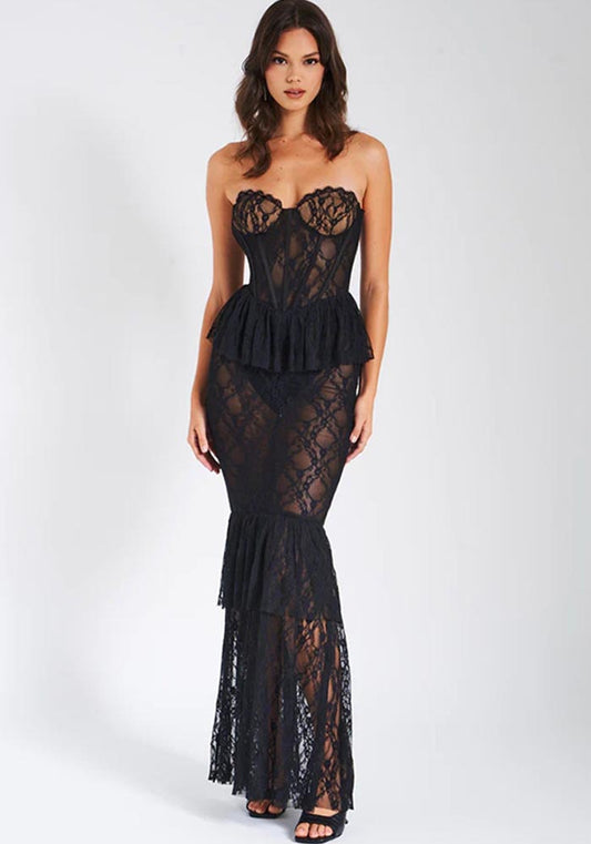 Autumn And Winter Lace See-Through Strapless Fishtail Dress Sexy Tight Fitting Nightclub Style Long Dress