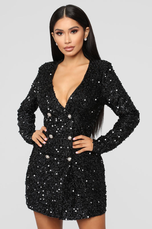 Women Sexy Black Sequins double breasted long sleeve career dress