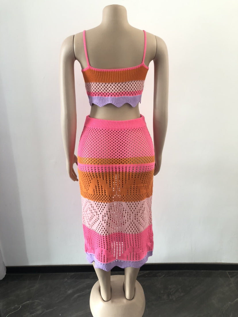 Conjunto de dos piezas de vestido de playa trenzado con bloques de color multicolor