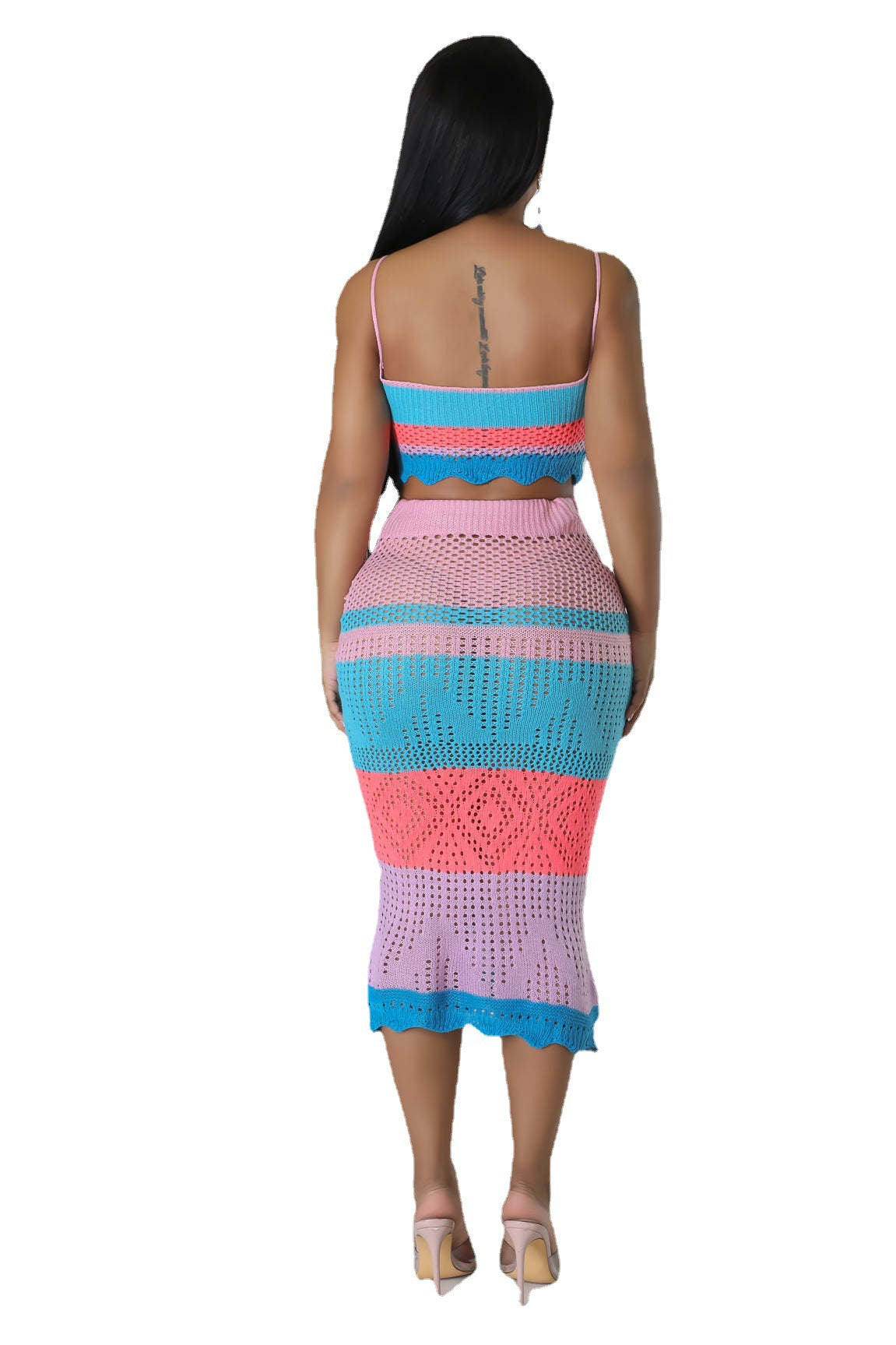 Conjunto de dos piezas de vestido de playa trenzado con bloques de color multicolor