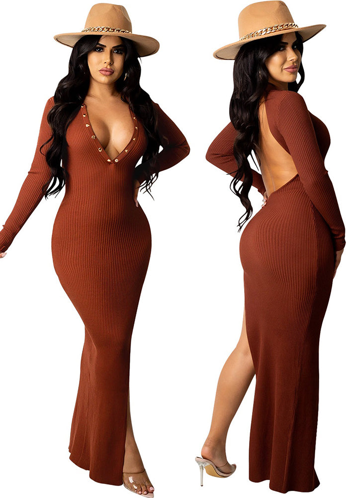 Women Solid V Neck Backless Long Sleeve Split Dress