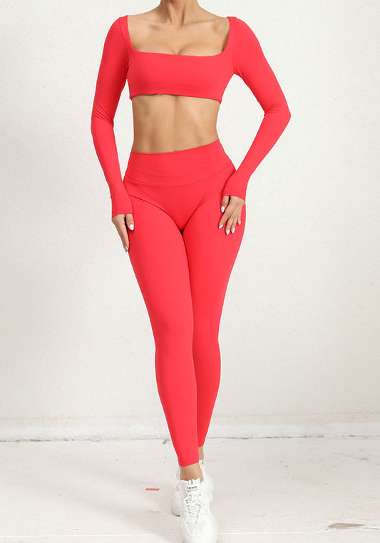 Winter Tight Fitting Square Neck Yoga Suit Outdoor Running Quick-Drying Sports Long Sleeve Fitness Two-Piece Pants Set