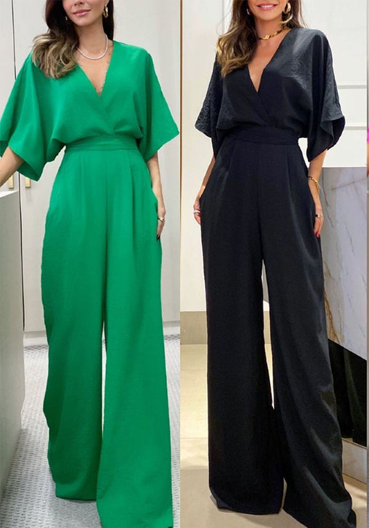 Summer V-Neck Bat Sleeves Short Sleeve Low Back Chic Women Jumpsuit