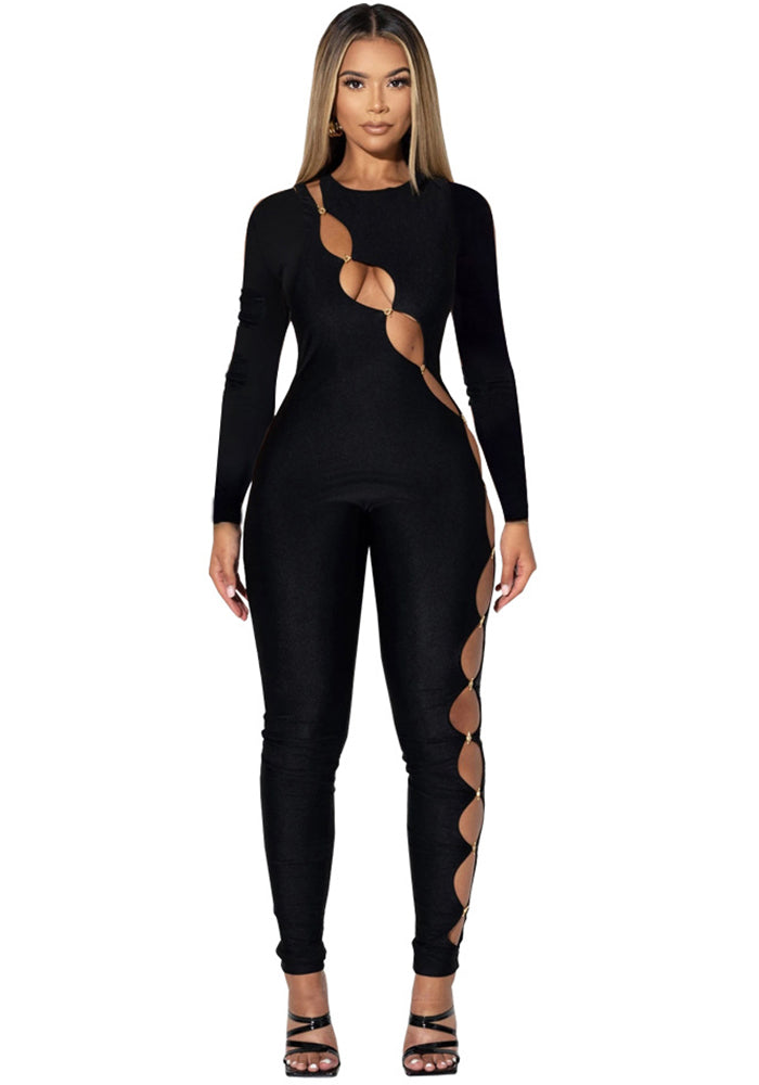 Winter Long Sleeve Sexy Hollow Slim Fit Zipper Jumpsuit